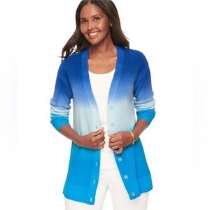 Talbots NWT Knit Ombre Dip Dye Button Front Cardigan Sweater Size Small Blue